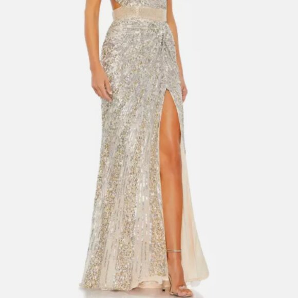 MAC DUGGAL ONE SHOULDER SEQUIN BEADED LACE-UP BACK NUDE SILVER GOWN sz 6 - Picture 3 of 8